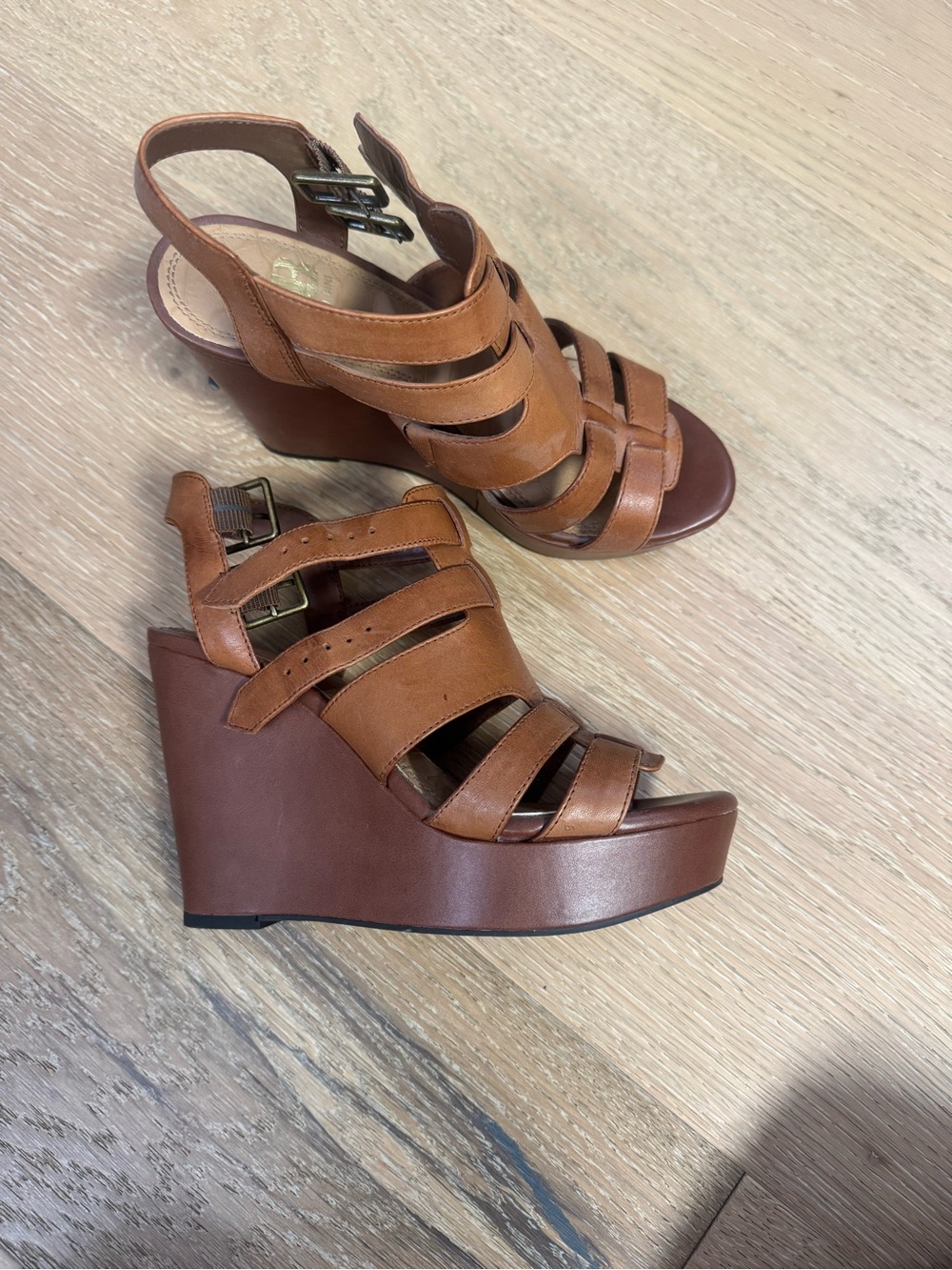 Gianni Bini Brown Leather Strappy Wedge Sandals